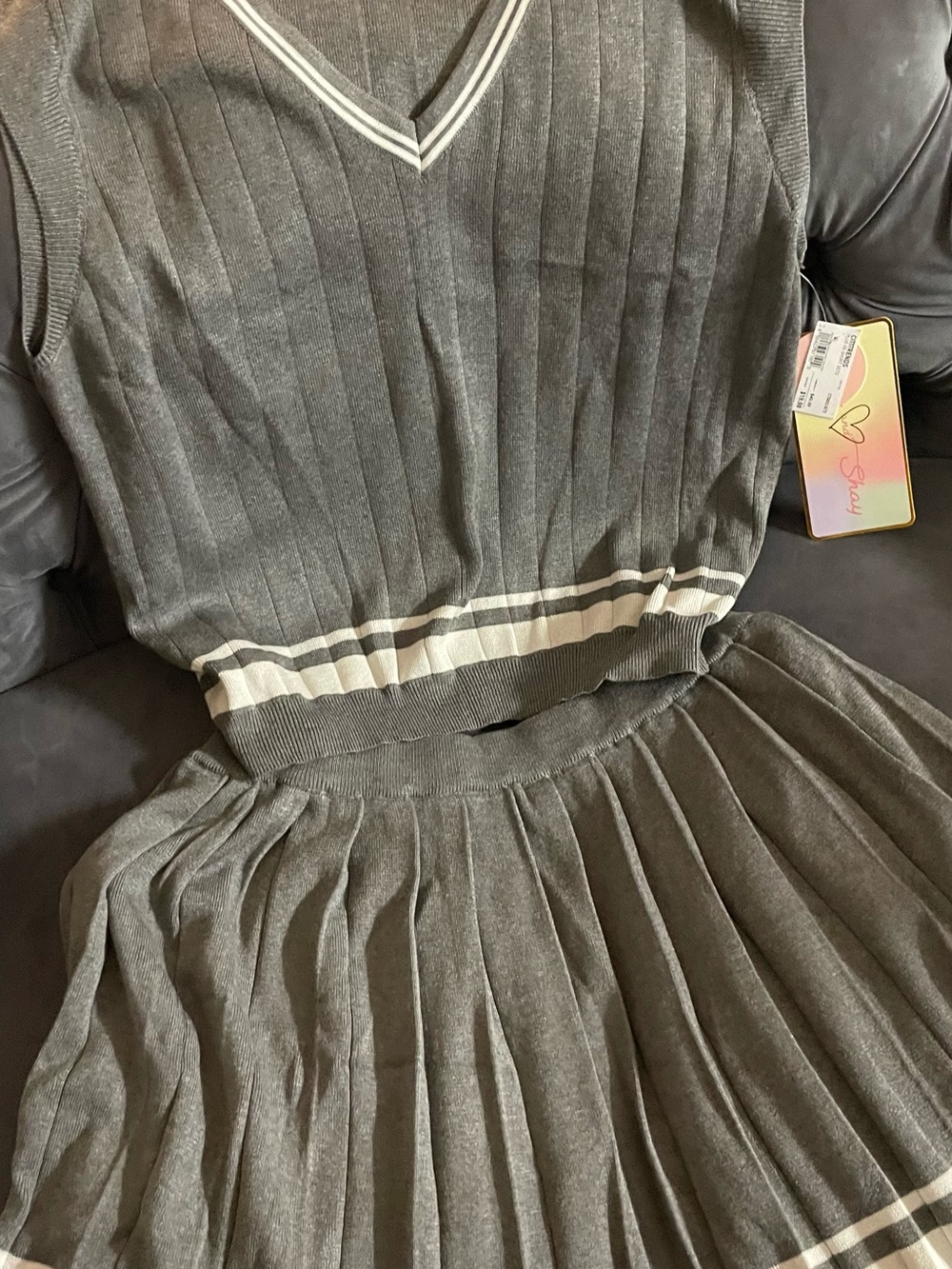 Women’s Pleated Grey Knit Two Piece Skirt Set with Contrast Trim